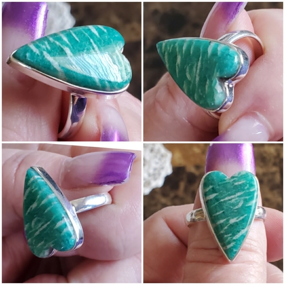 Genuine Teal Amazonite Heart Ring Size 10 - Picture 4 of 7
